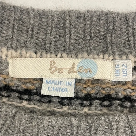 Boden Gray/BlackWhite/Tan Striped Sweater Wool Crew Neck Rib Cuffs & Hem Sz 2 - Picture 7 of 13